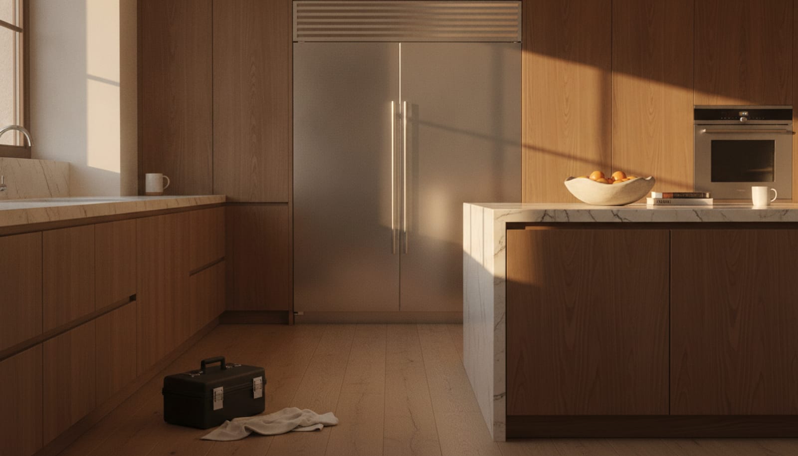 Warm inviting luxury kitchen with a built-in refrigerator and a technician's tool case