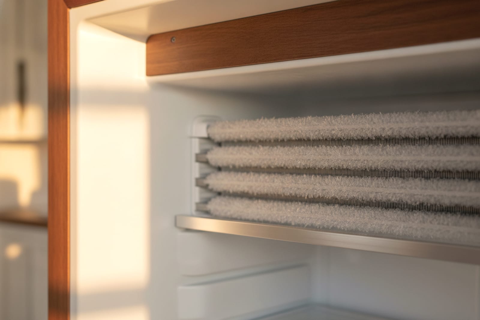 Light frost on an evaporator coil inside a freezer compartment