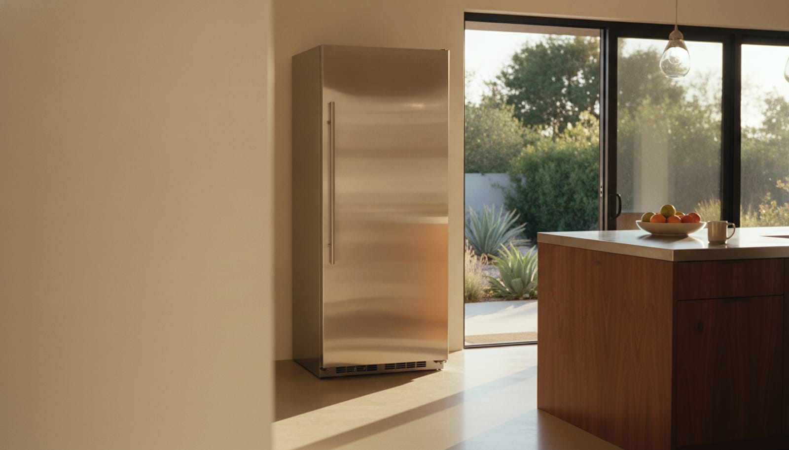 Single tall all-freezer stainless column in a premium kitchen