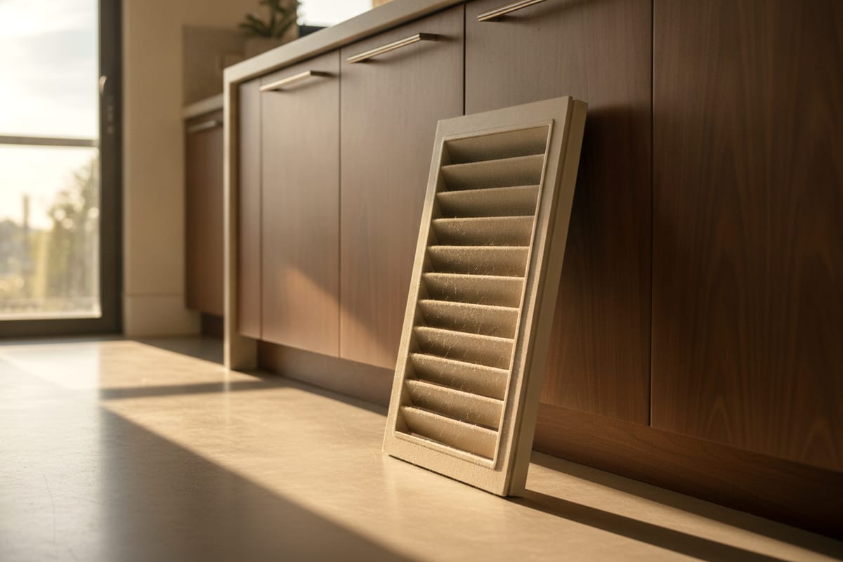A removed louvered grille panel leaning against kitchen cabinetry, dust on the louvers