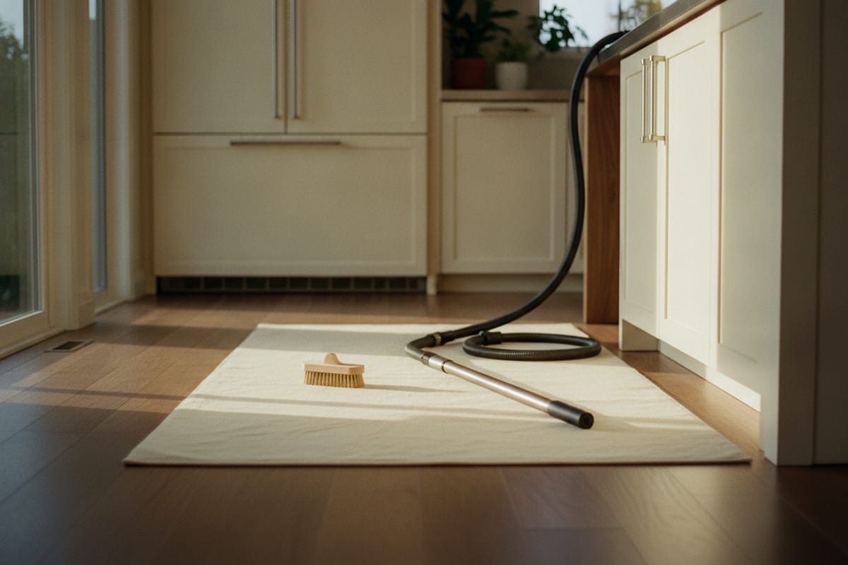 A soft brush and vacuum wand laid out on a floor cloth before a built-in refrigerator