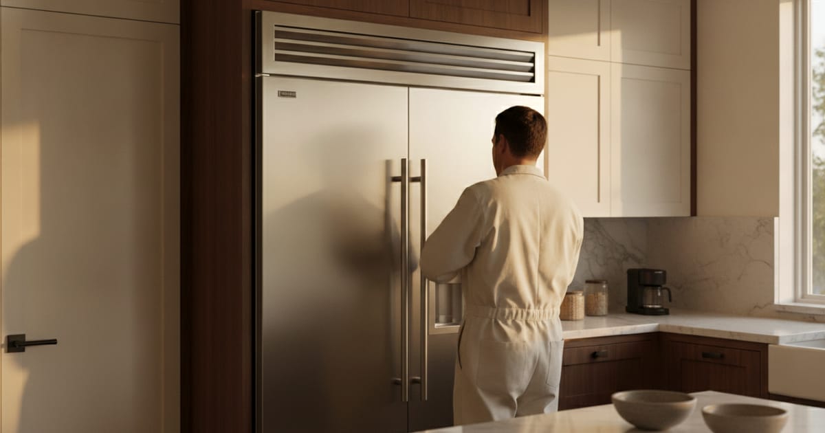 The grille of a Sub-Zero built-in refrigerator removed to expose the condenser coil