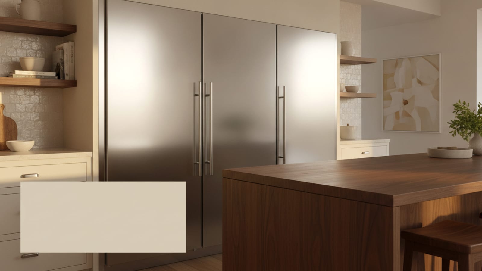 A range of built-in refrigeration columns in a refined Southern California kitchen