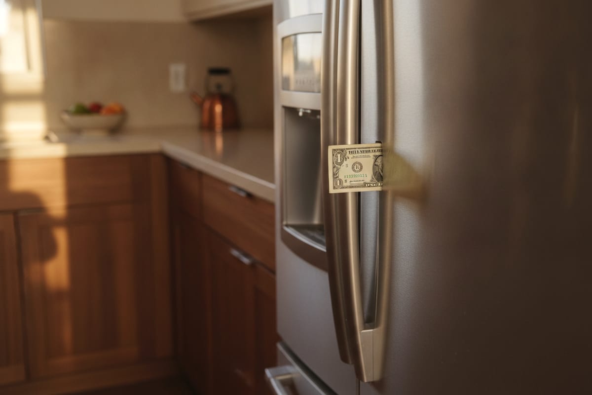 A dollar bill inserted at a refrigerator door's seal line