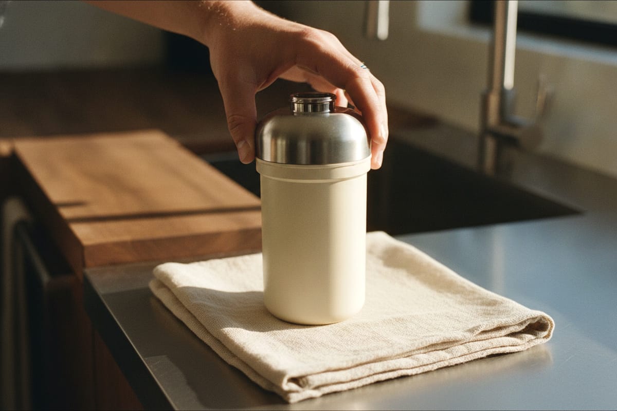 A hand holding a water filter cartridge over a towel