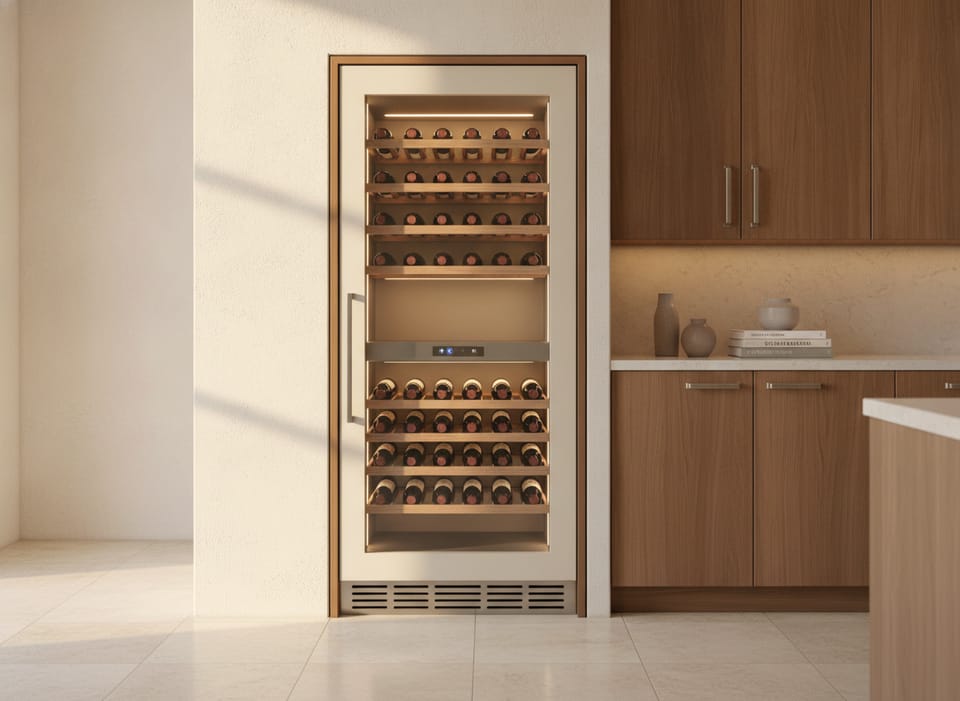 Dual-zone wine storage column with bottles behind glass
