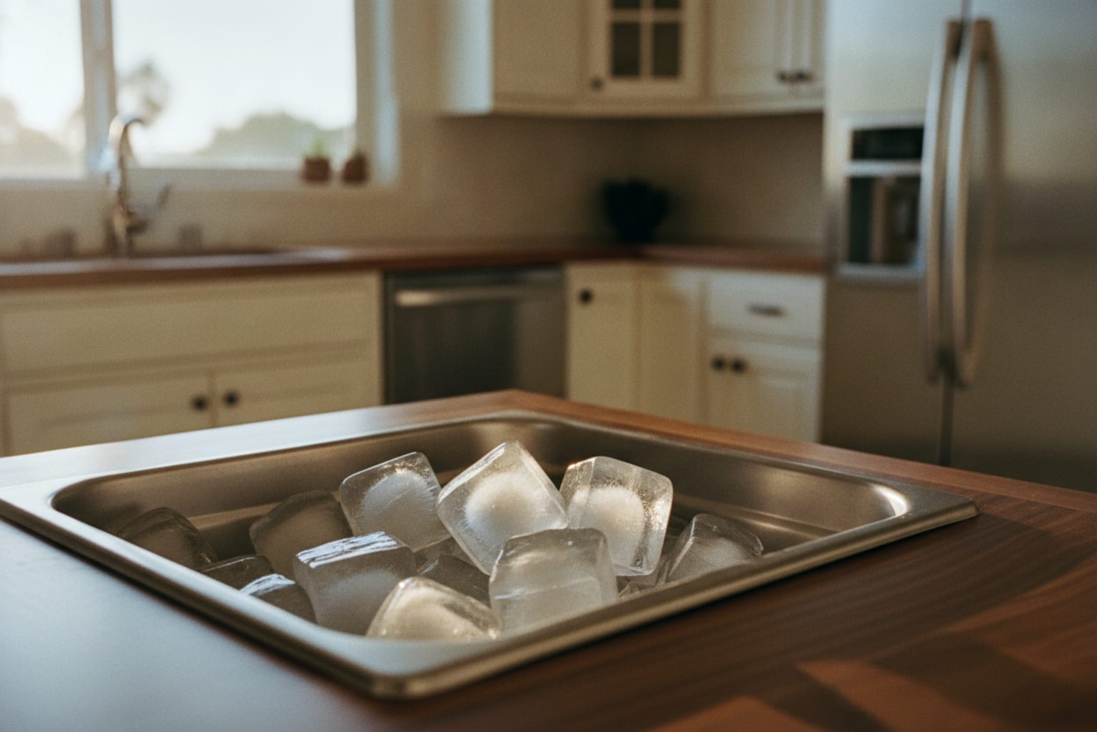 Pristine clear ice cubes in a stainless ice bin