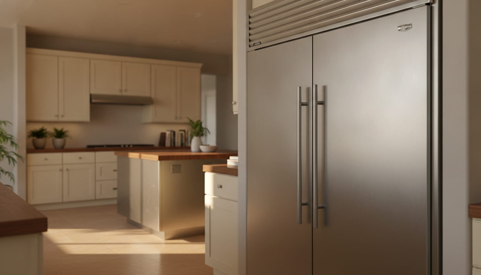 Massive legacy PRO-style stainless built-in side-by-side refrigerator with thick pro handles