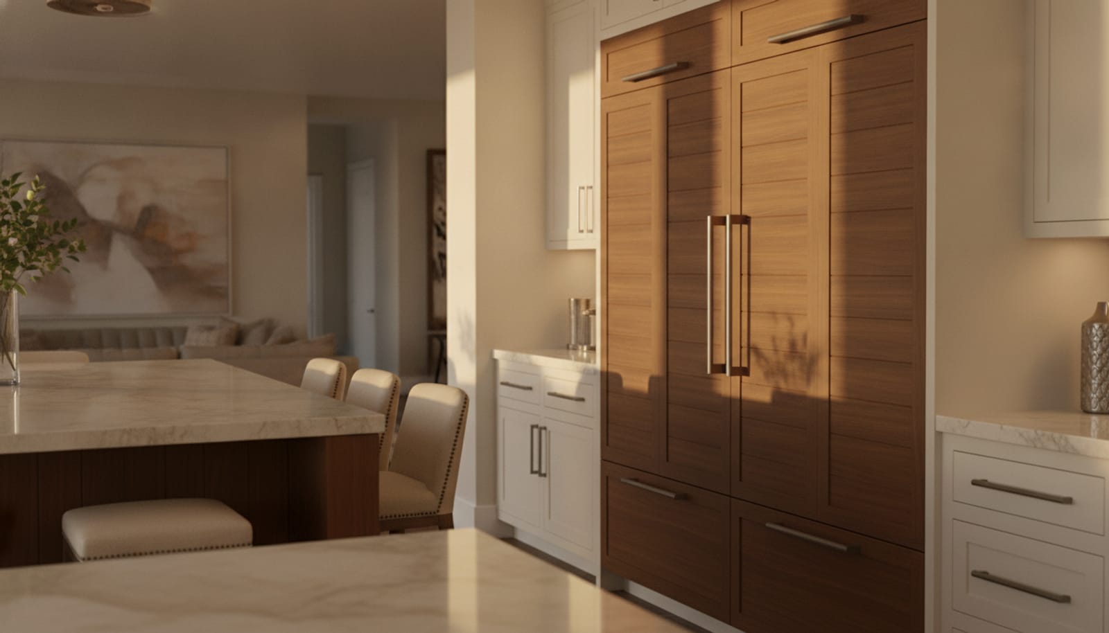 Integrated 700-style refrigeration flush in wood cabinetry