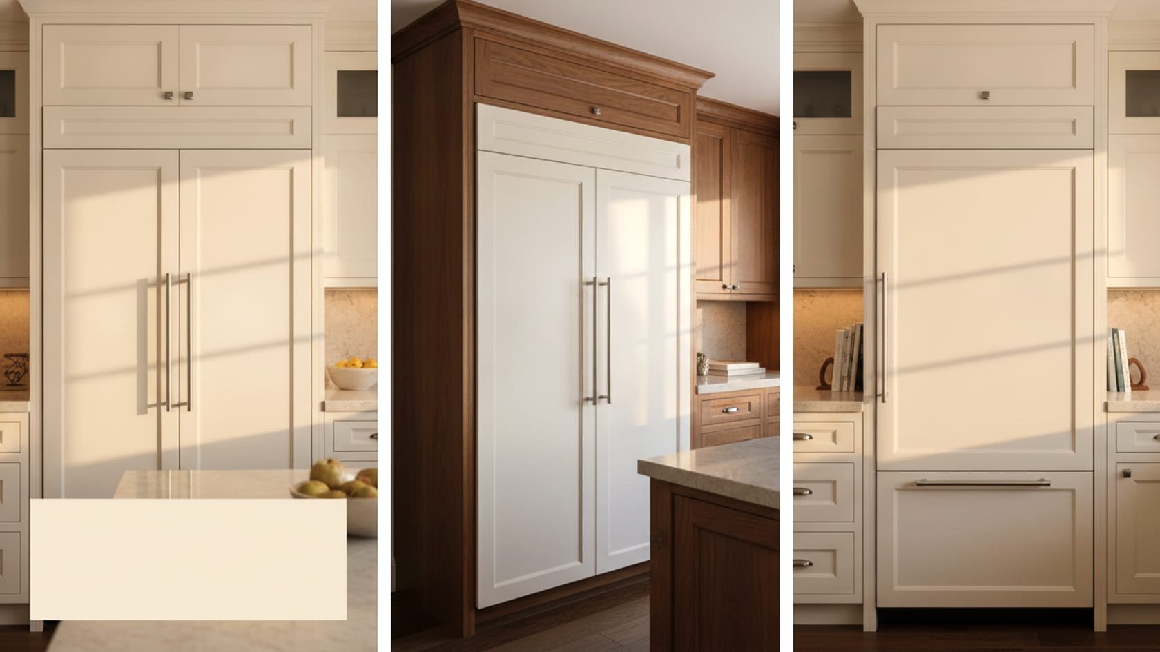 Several built-in refrigeration formats together — a side-by-side, a column, and an over-and-under — in a luxury kitchen