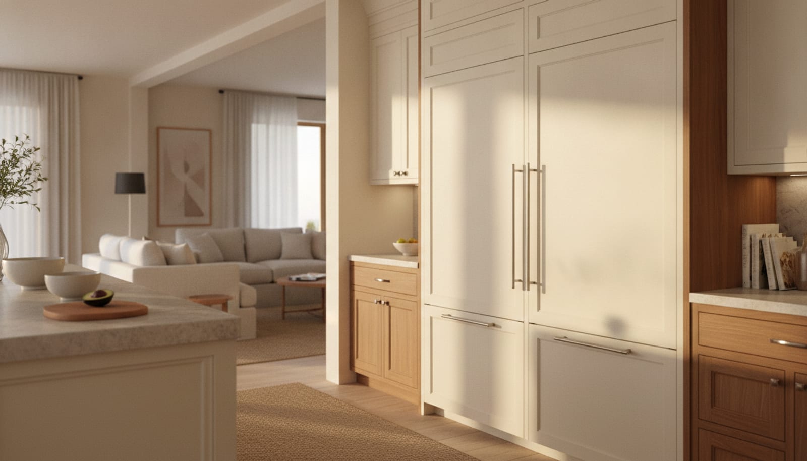 Tall integrated panel-ready refrigerator and freezer columns flush in cabinetry