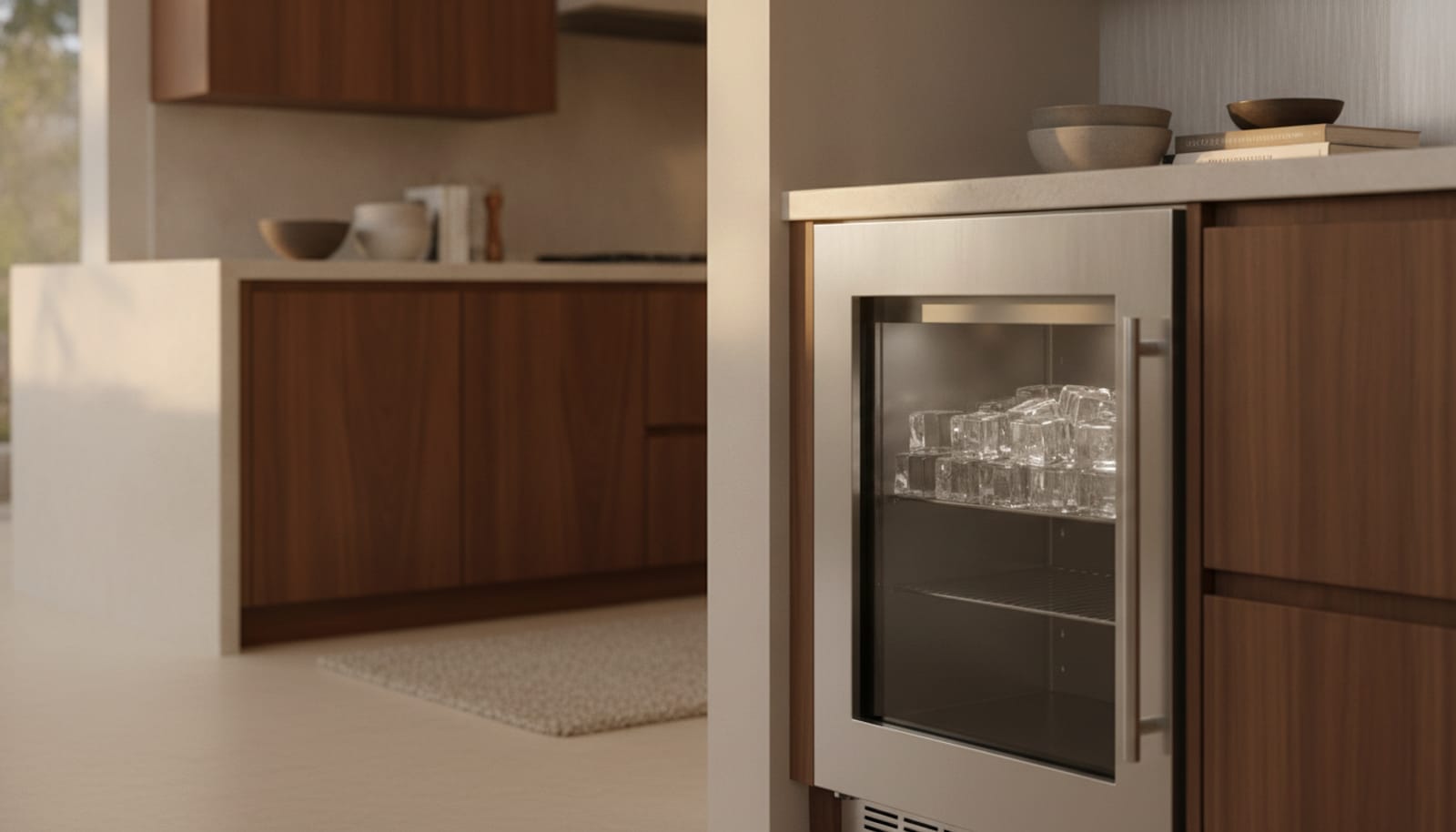 Built-in clear-ice maker in a luxury kitchen, clean and precise