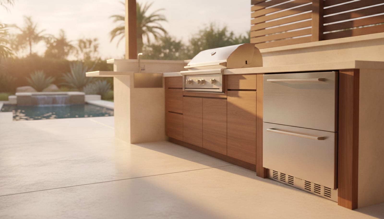 Outdoor-rated stainless undercounter refrigeration in a luxury Southern California patio kitchen