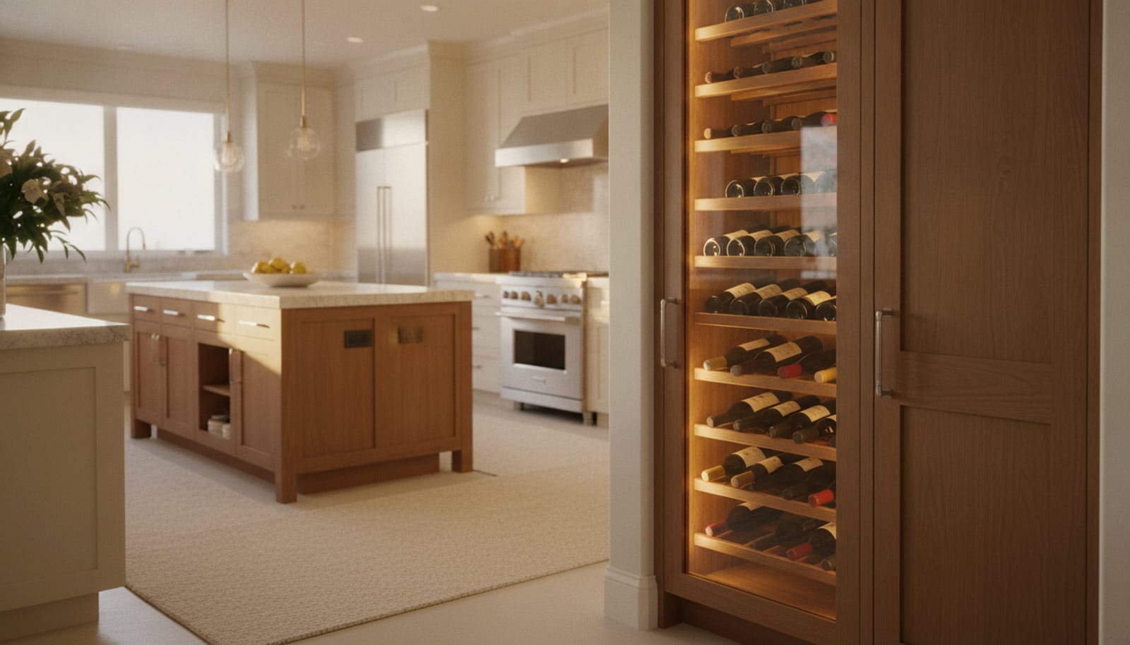 Legacy built-in wine-storage column with a glass door and wood racks full of bottles