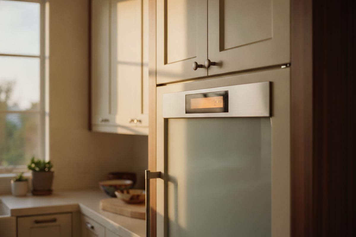 The upper control area of a built-in refrigerator in soft focus