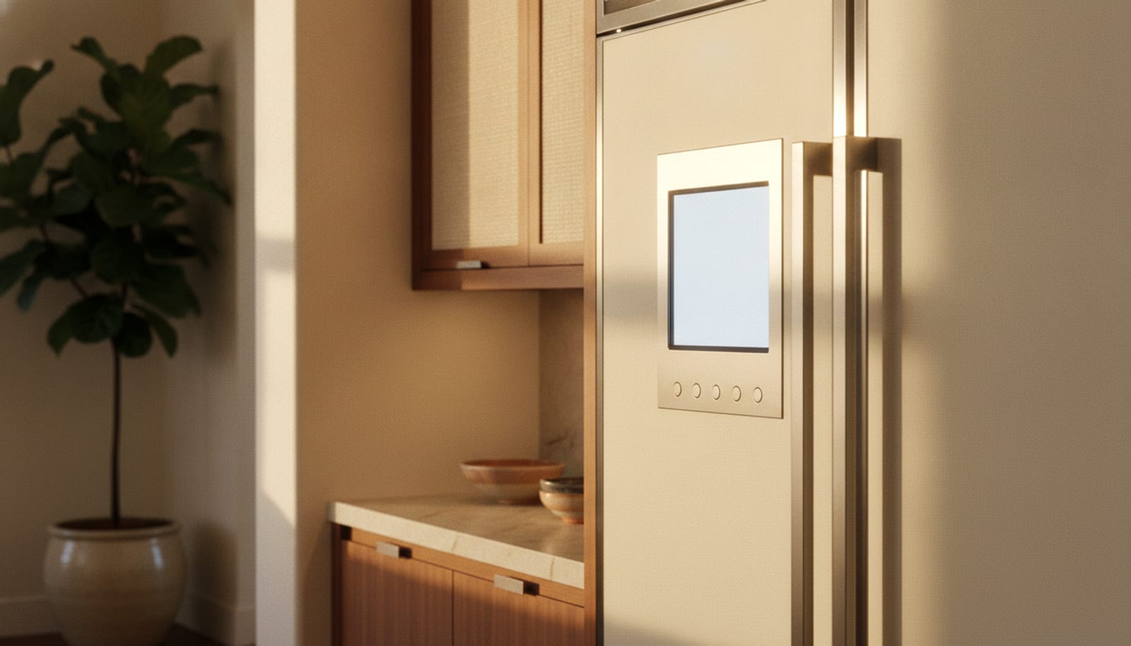 Upper interior control area of a built-in refrigerator in soft focus