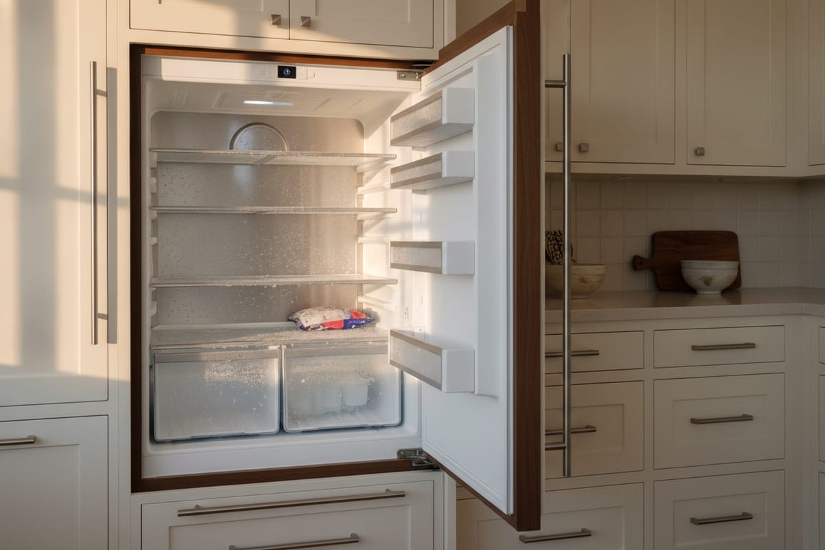 A built-in freezer compartment with softened frost and beading moisture