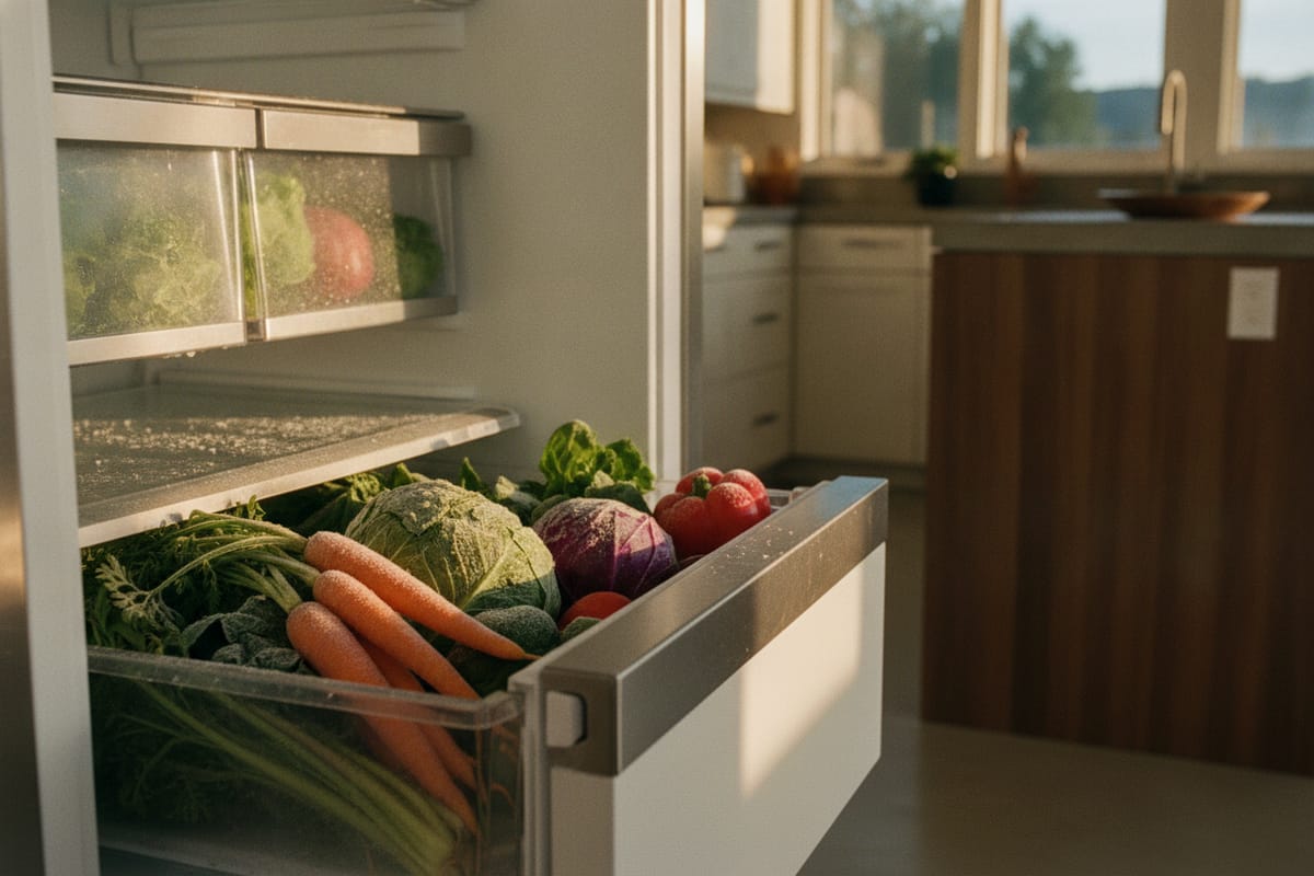 Fresh produce lightly dusted with frost in a refrigerator drawer