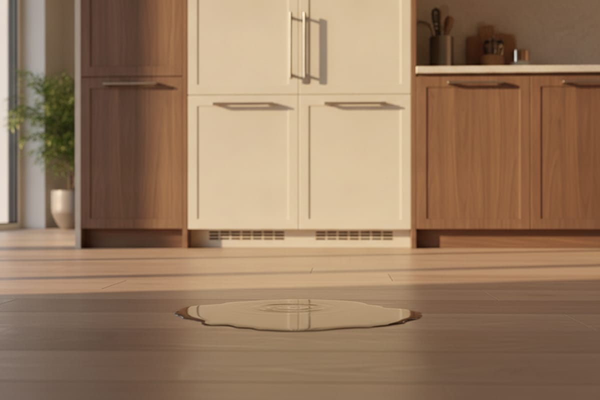 A small clean pool of water on hardwood before a closed built-in refrigerator