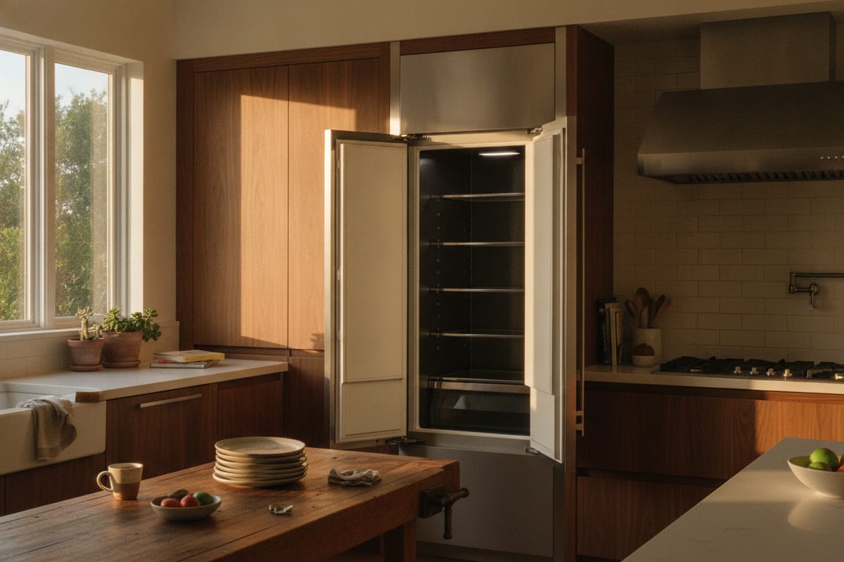 The dim unlit interior of a built-in refrigerator against a bright kitchen
