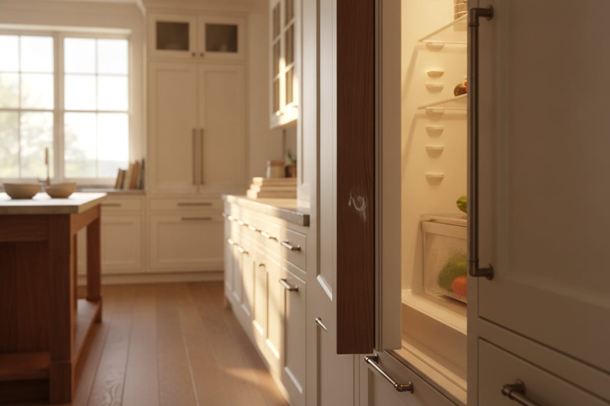 A built-in refrigerator door slightly ajar with the gasket edge in focus