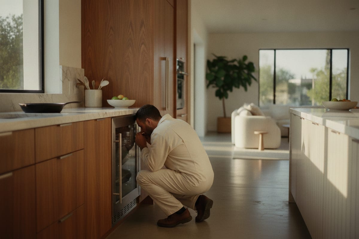 A technician kneeling at the lower grille of a built-in refrigerator, listening