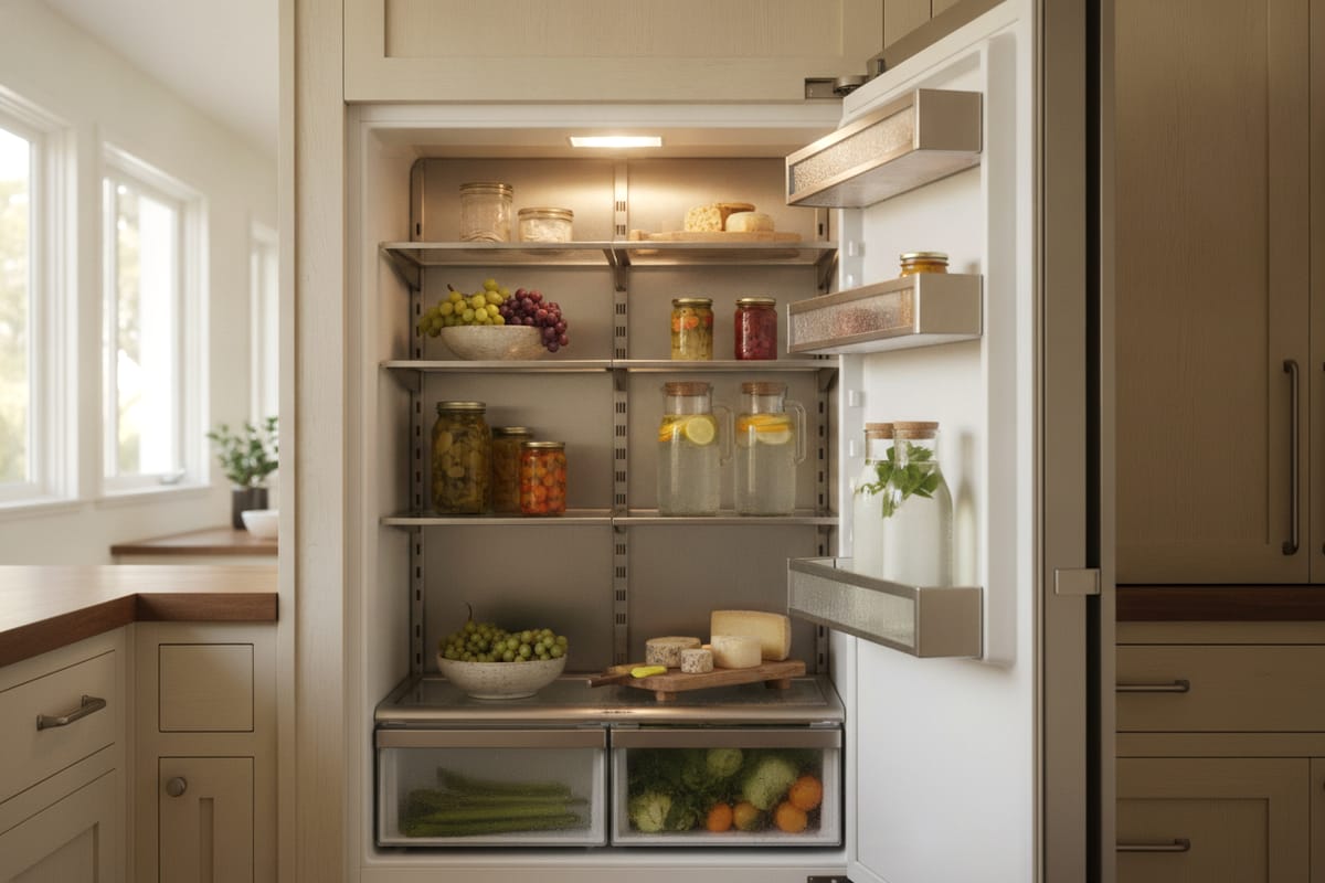 The softly lit warm interior of a built-in refrigerator with faint condensation
