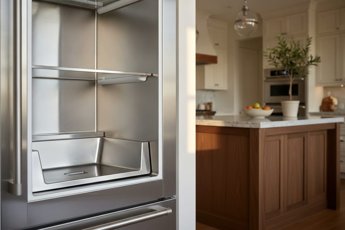 An empty stainless ice bin inside a built-in refrigerator