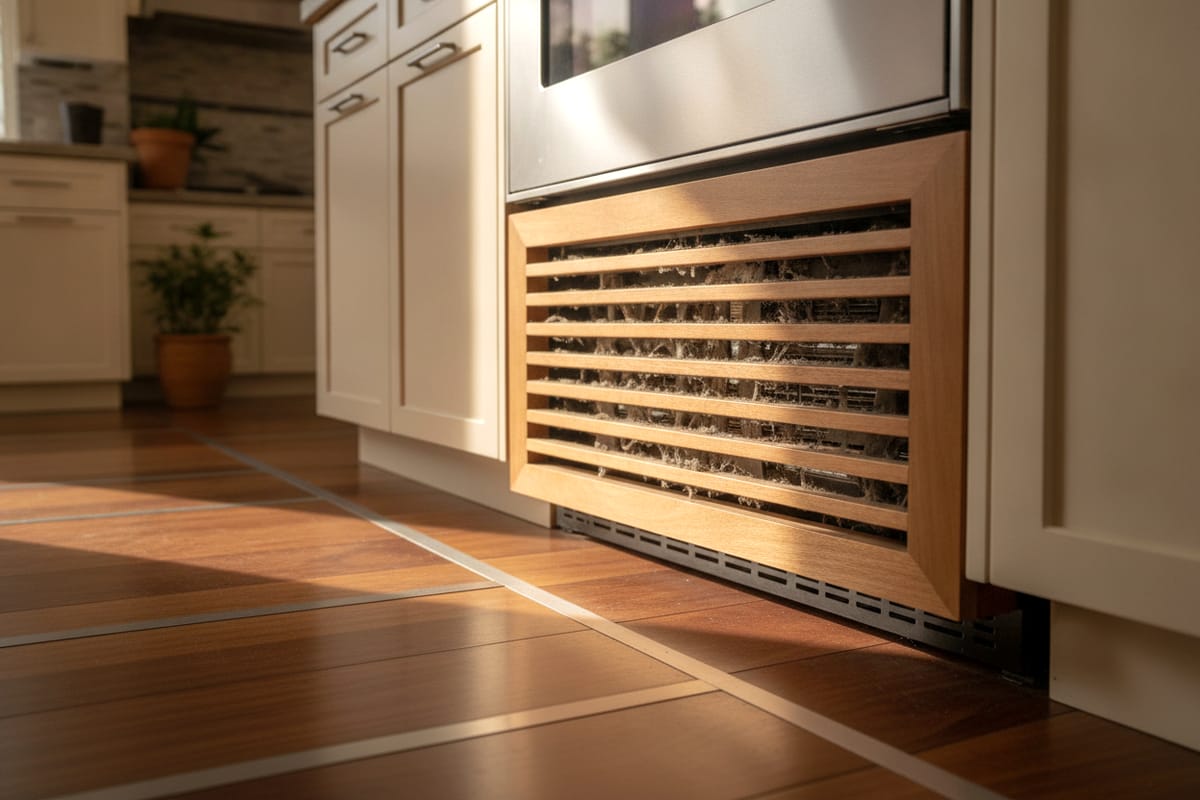 Dust accumulated behind the louvers of a built-in refrigerator lower grille