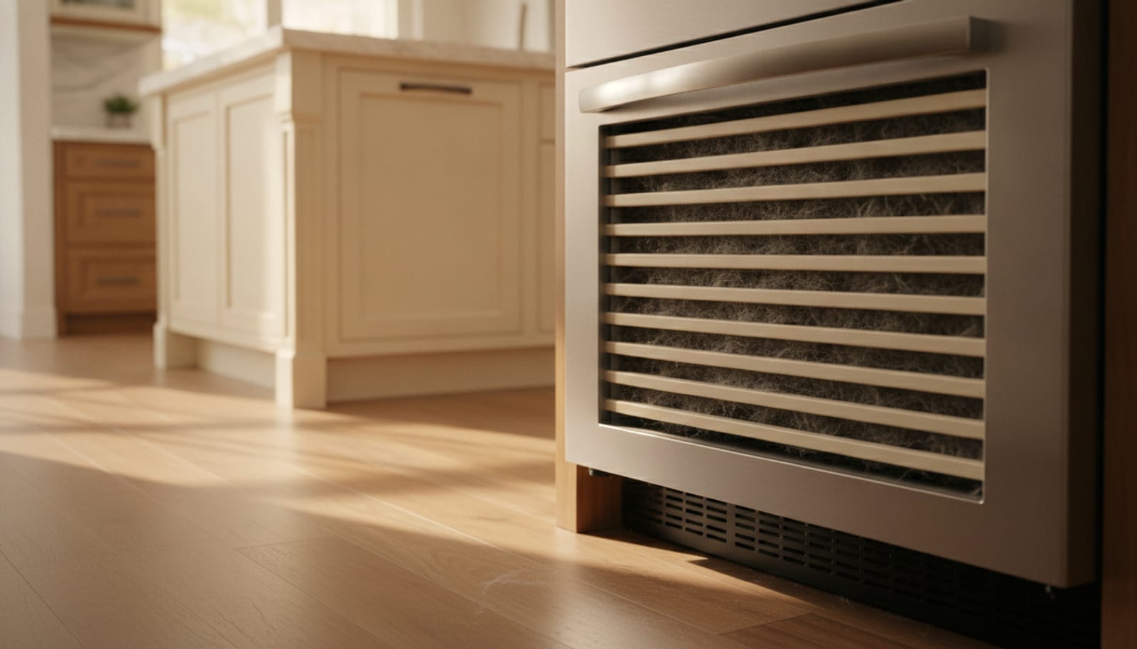 Lower grille of a built-in refrigerator with dust behind the louvers