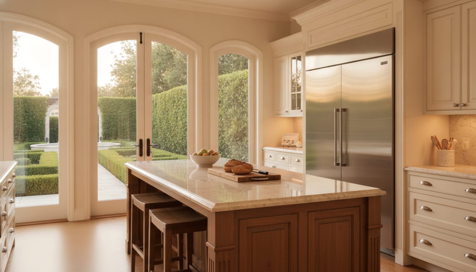 Brentwood gated-estate Traditional-Mediterranean kitchen with a built-in refrigerator
