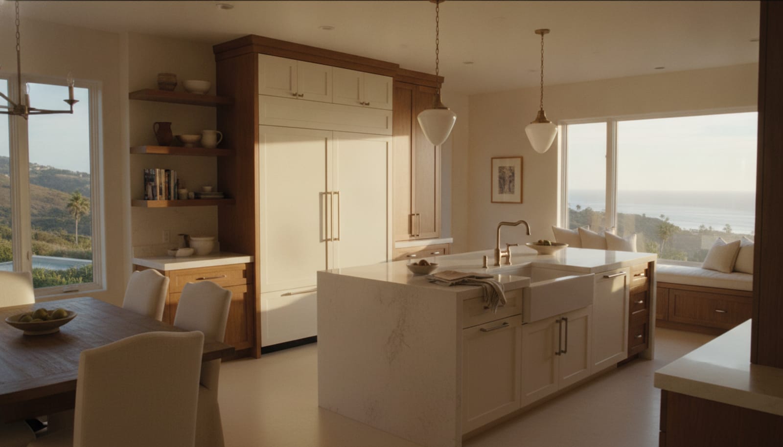 Sweeping Southern California luxury home kitchen with a built-in refrigerator