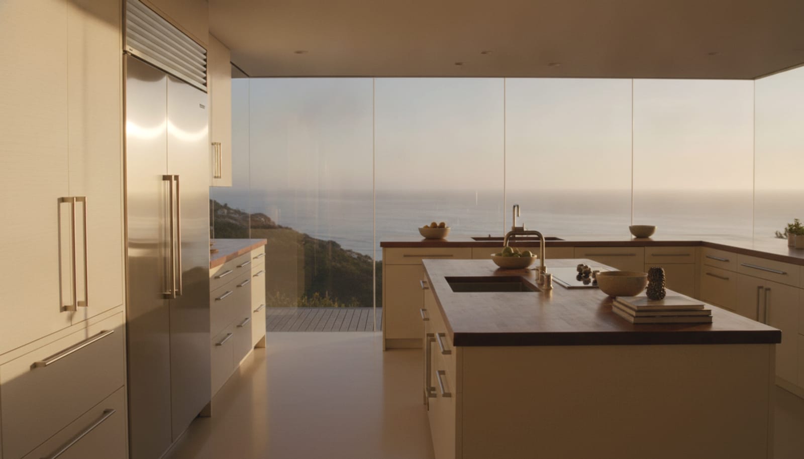 La Jolla clifftop kitchen with a built-in refrigerator, Pacific bluffs through floor-to-ceiling glass