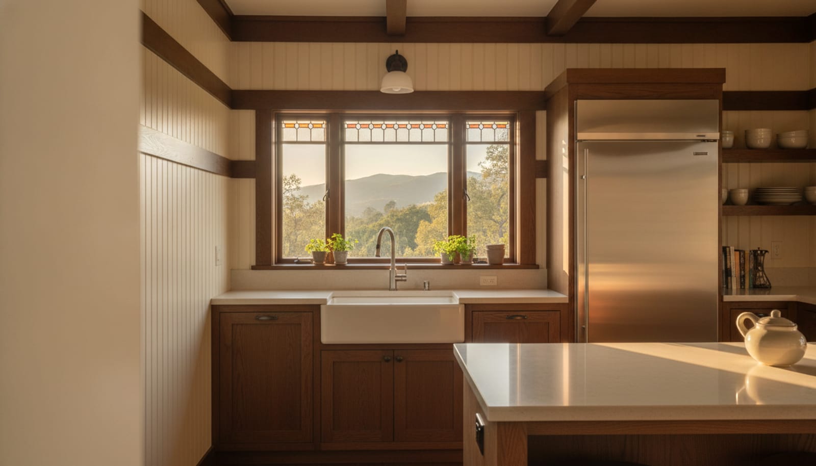 Pasadena Craftsman bungalow kitchen with a built-in refrigerator, San Gabriel foothills beyond