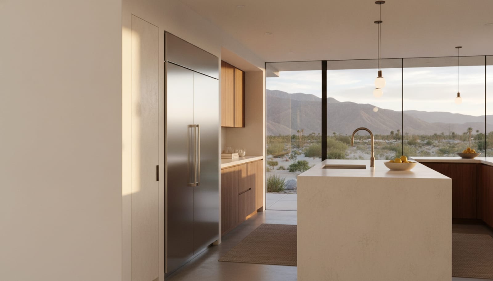 Coachella Valley desert-modern kitchen with a built-in refrigerator, mountains beyond glass