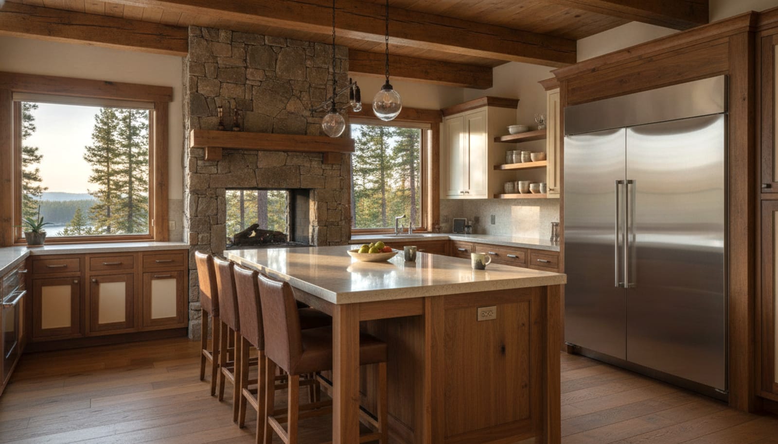 Mountain lodge kitchen near Lake Arrowhead with a built-in refrigerator, timber and stone