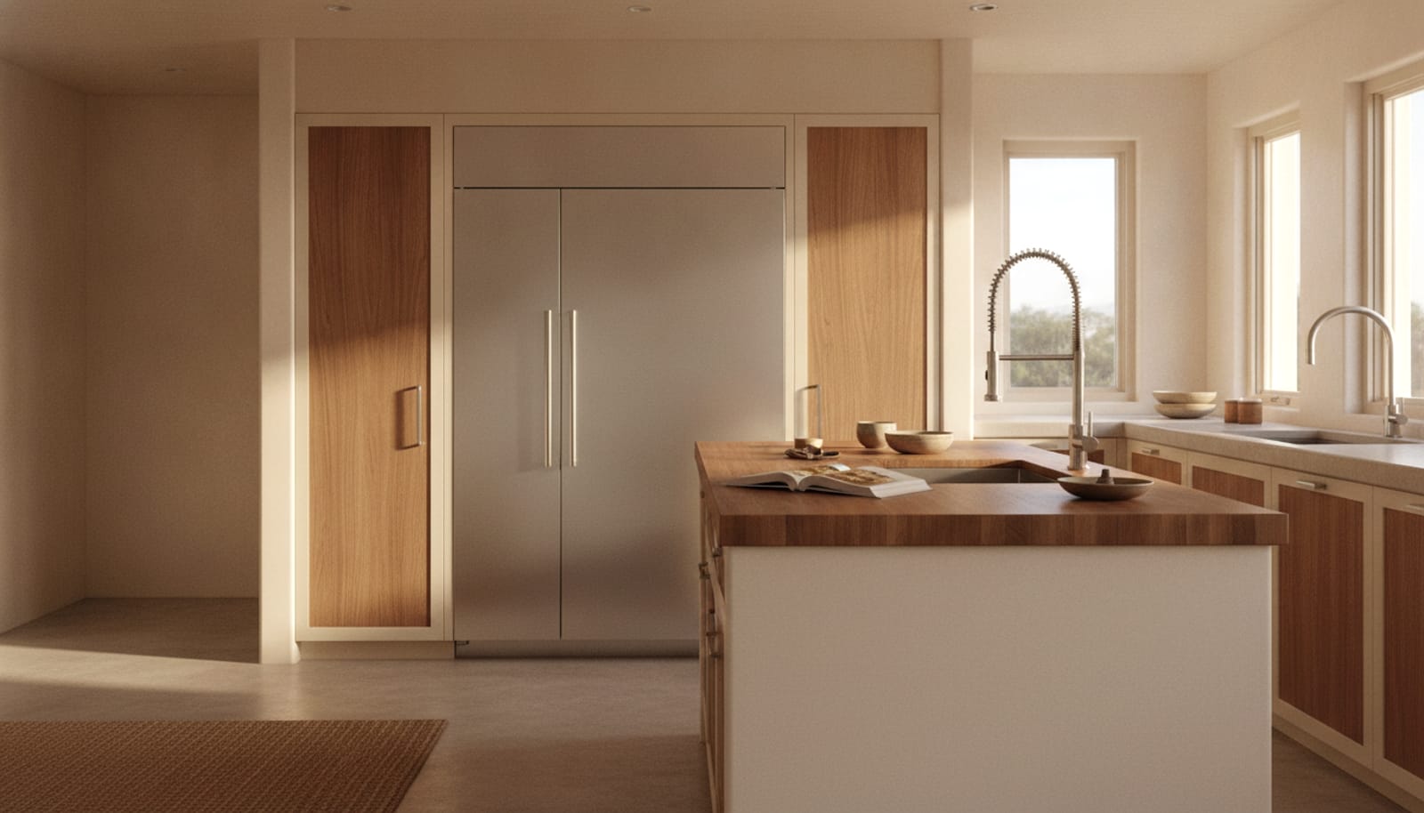 San Diego coastal Spanish-contemporary kitchen with a built-in refrigerator