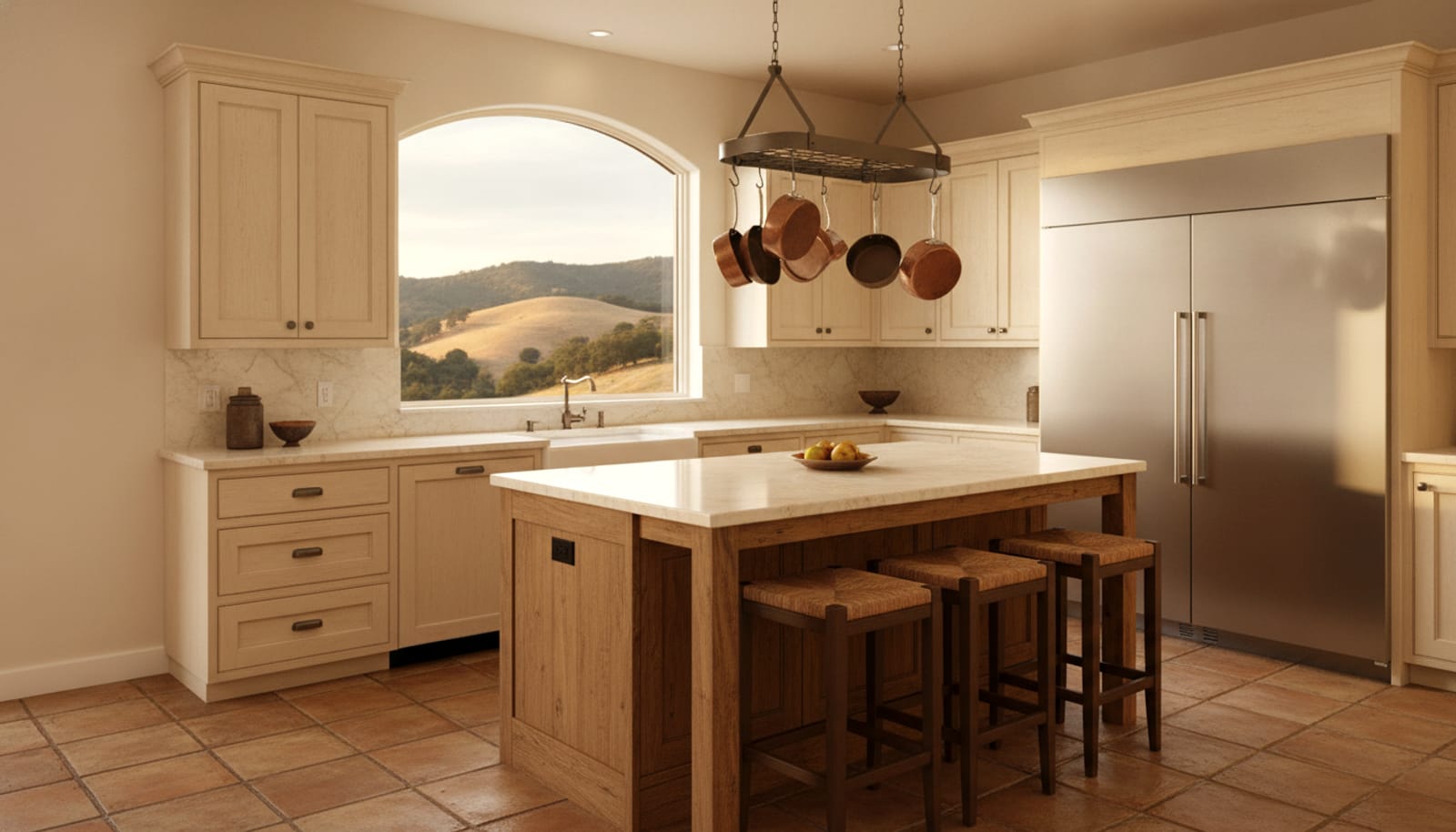 Conejo Valley ranch-Mediterranean kitchen with a built-in refrigerator, oak-dotted hills beyond