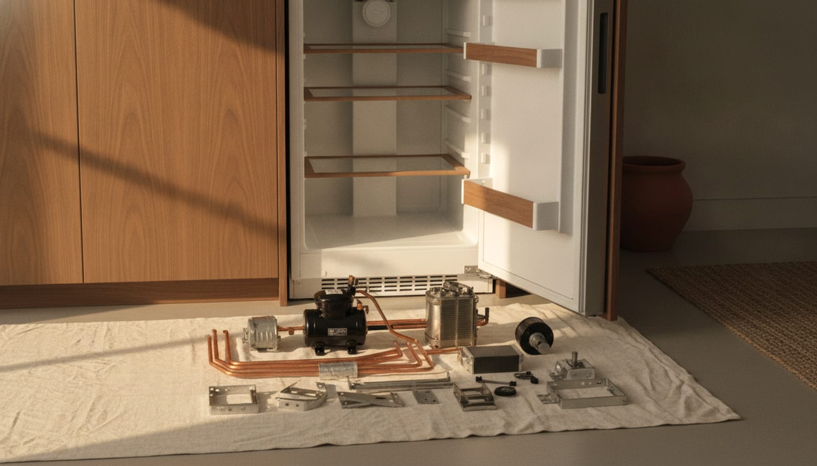 Genuine OEM refrigeration components laid out on a clean cloth beside a built-in unit