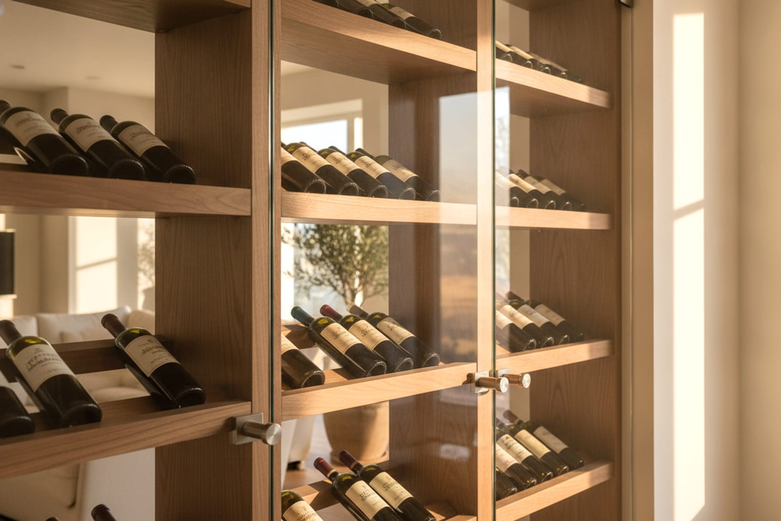 Wood wine-rack shelving behind glass with a soft glow