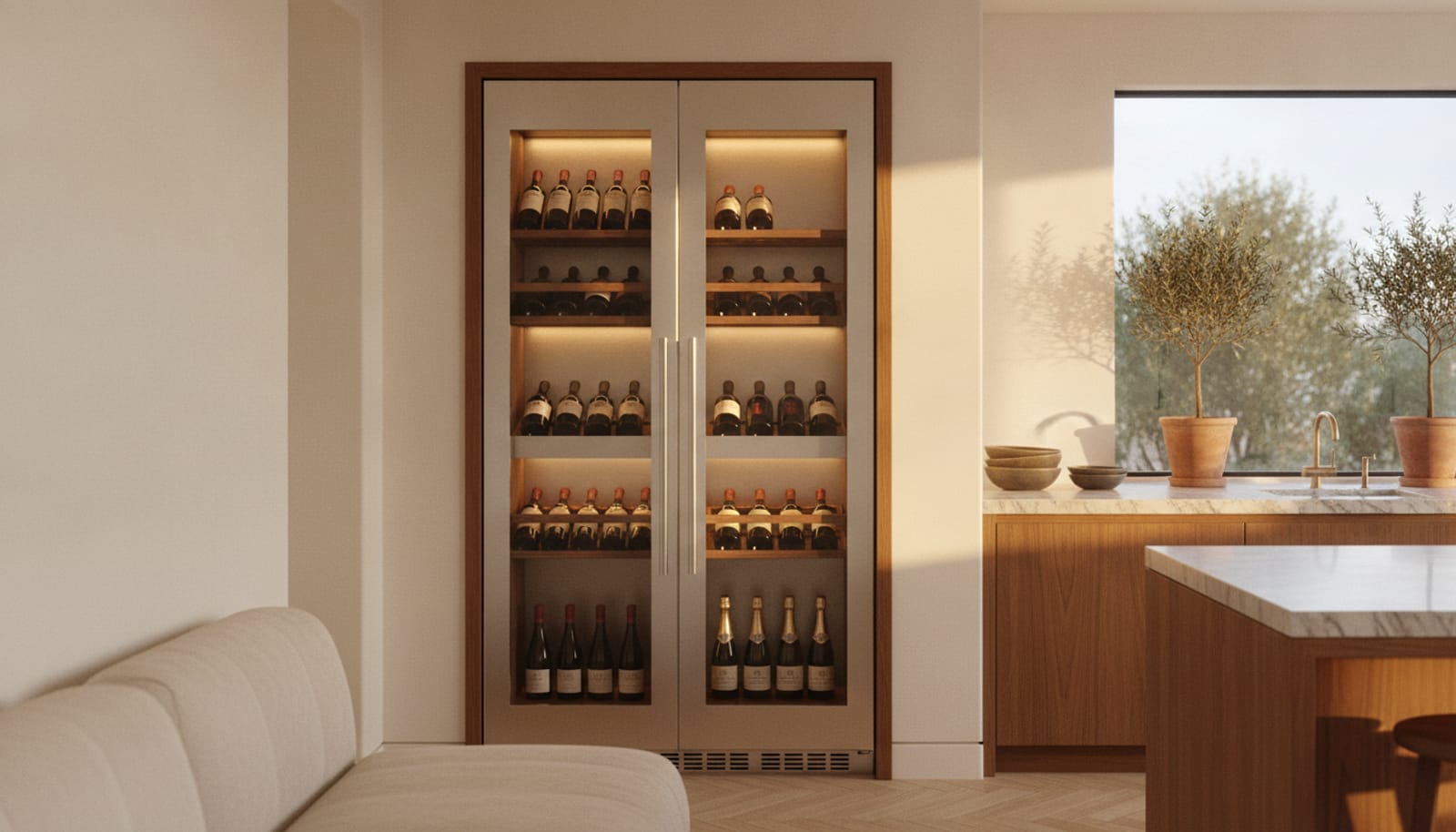 Dual-zone built-in stainless wine column filled with bottles under warm ambient lighting